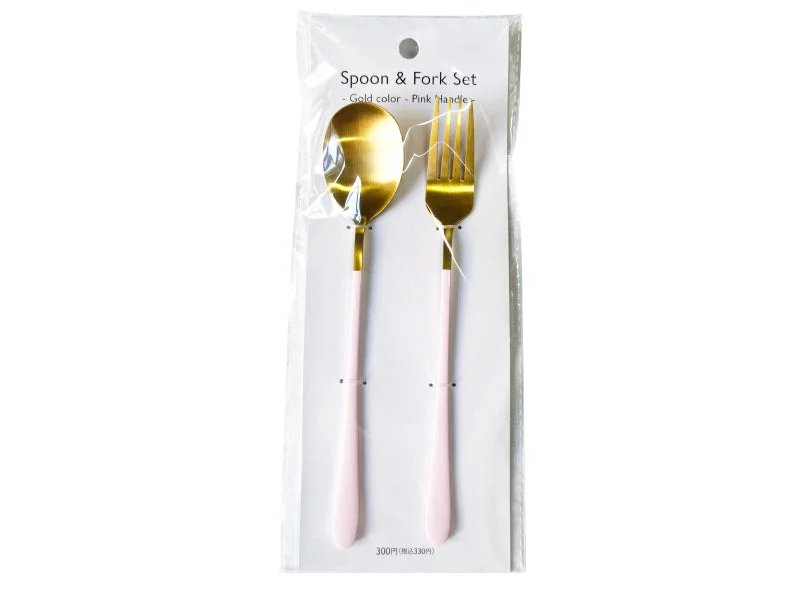 Spoon & Fork Set -Gold color -Pink Handle