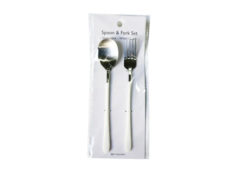 Spoon & Fork Set - Silver Color - White Handle