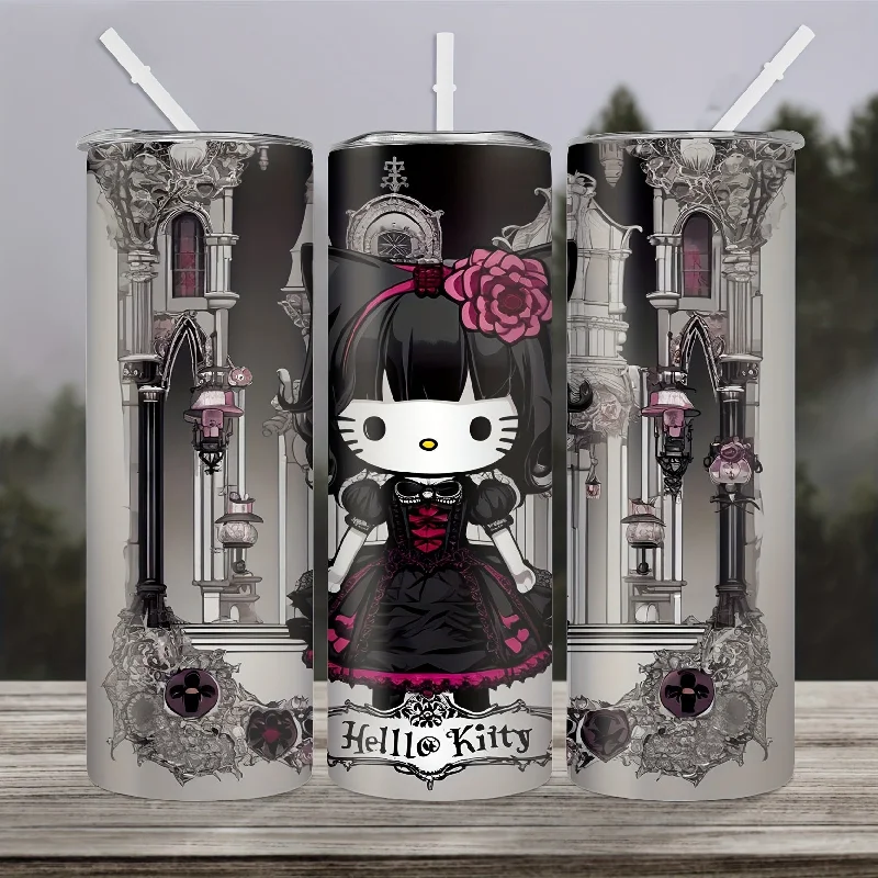 Hello Kitty 20oz Stainless Steel Insulated Tumbler with Straw - Dark Cat Design, Rust-Proof & Detachable Cover, Perfect Gift for Family and Friends