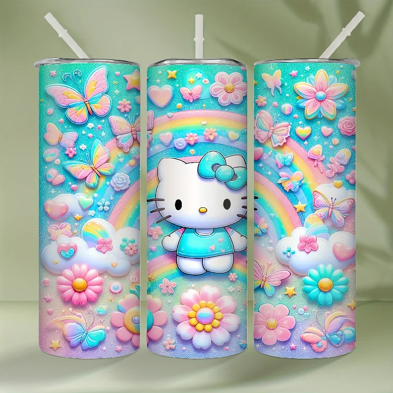 Hello Kitty 20oz Insulated Stainless Steel Tumbler with Straw - Cute Cartoon Cat, Floral & Rainbow Designs - Rust-Proof, Detachable Lid - Perfect for Relaxation, Reading, Dining - Ideal Christmas Gift, Hello Kitty Room Decor