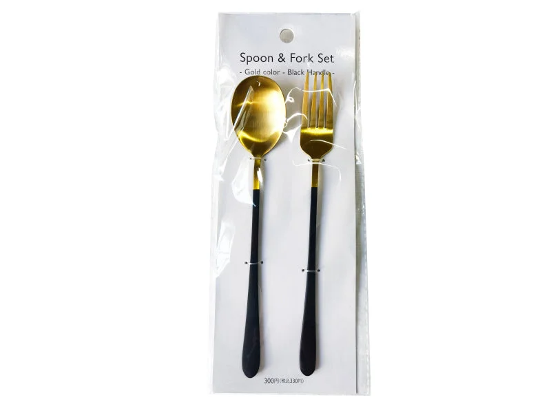 Spoon & Fork Set -Gold color -Black Handle