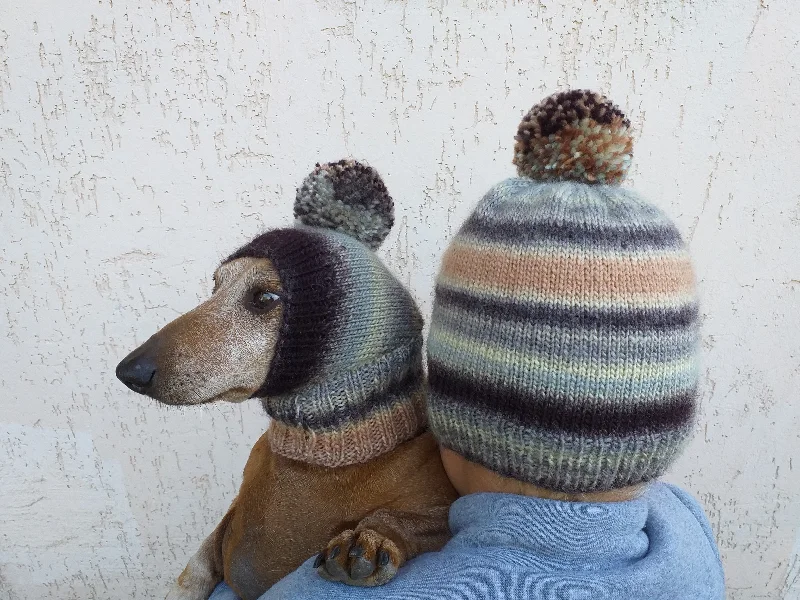 Mistress and dog set of knitted hats with pompom, women's hat and hat for dog