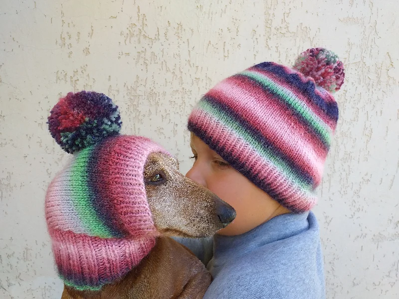 Mistress and dog set of knitted hats with pompom, women's hat and hat for dog