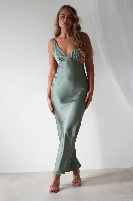 Aimie Soft Satin Maxi Dress | Olive