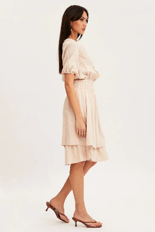 Beige Midi Dress Short Sleeve V Neck