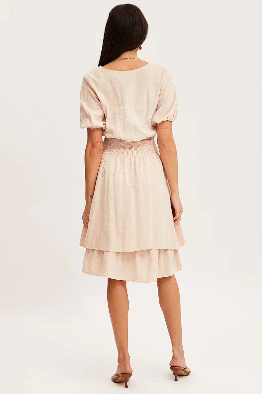 Beige Midi Dress Short Sleeve V Neck