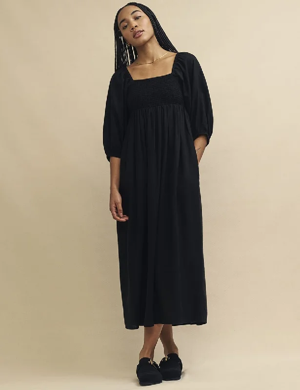 Black Linen-Blend Smock Kylie Midaxi Dress