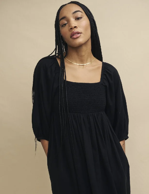 Black Linen-Blend Smock Kylie Midaxi Dress