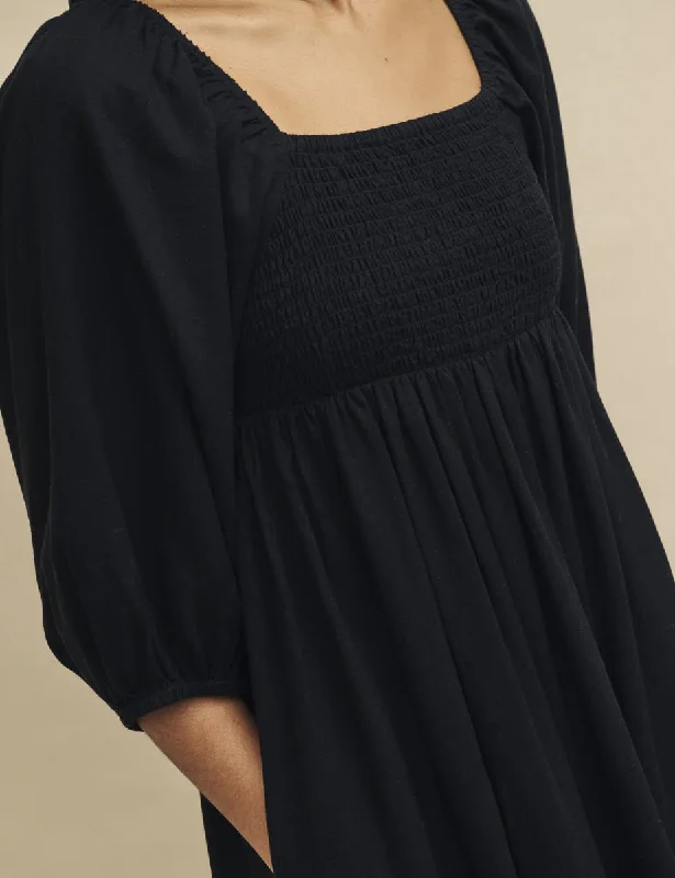 Black Linen-Blend Smock Kylie Midaxi Dress