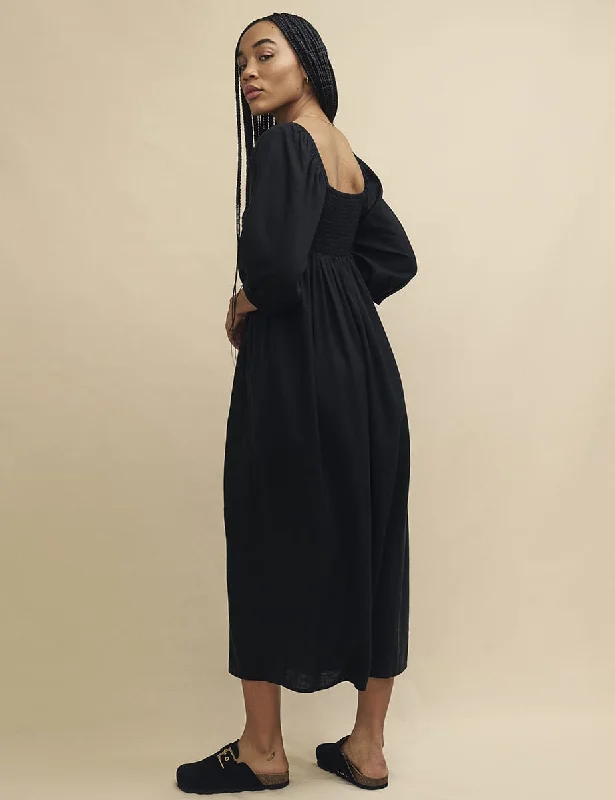 Black Linen-Blend Smock Kylie Midaxi Dress