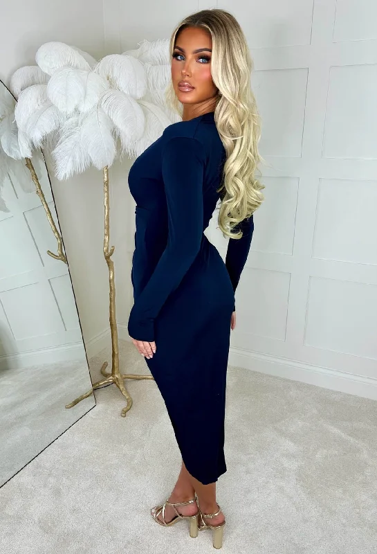 Chasing Romance Navy Long Sleeve Ruched Midi Dress