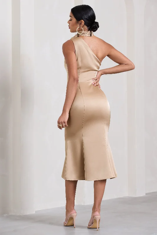 Golden Girl | Champagne Satin One Shoulder High-Neck Flared Midi Dress