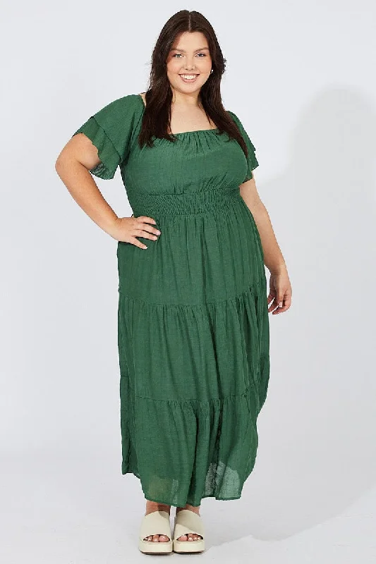 Green Off Shoulder Layer Midi Dress