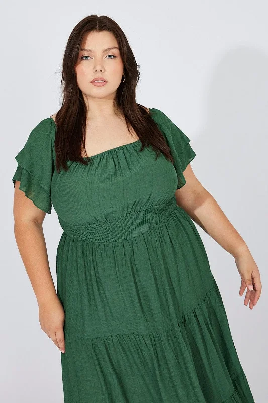 Green Off Shoulder Layer Midi Dress