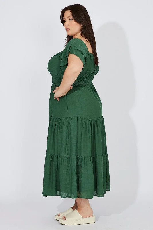 Green Off Shoulder Layer Midi Dress