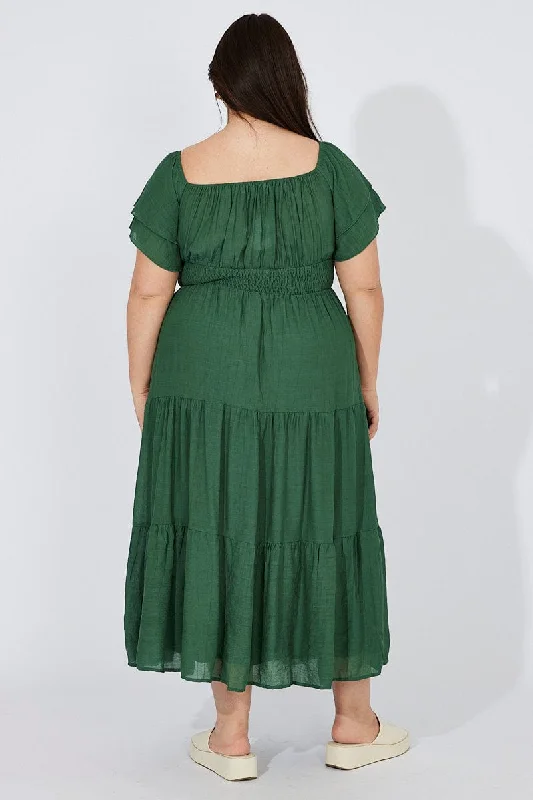 Green Off Shoulder Layer Midi Dress