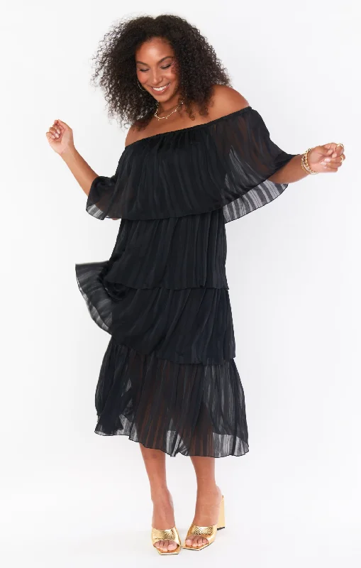 Lana Midi Dress ~ Flutter Stripe Chiffon Black