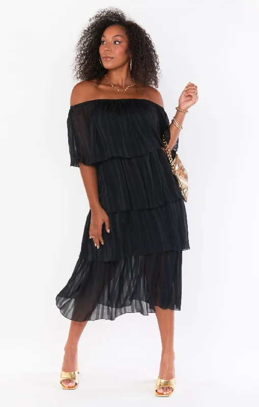 Lana Midi Dress ~ Flutter Stripe Chiffon Black