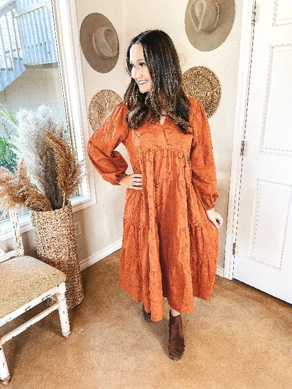 Sweet Glances Long Sleeve Tiered Midi Dress in Rust Orange