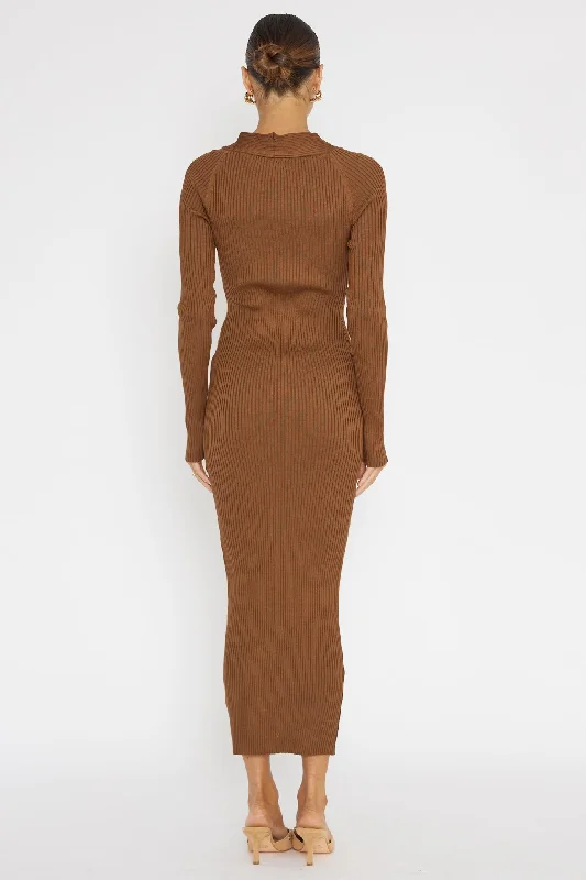 One Mind Cut-Out Neckline Knit Midi Dress Chocolate