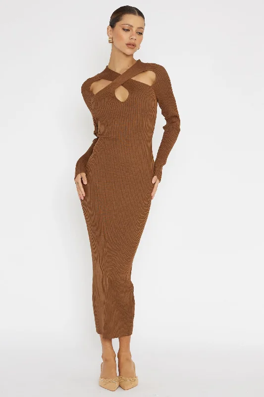 One Mind Cut-Out Neckline Knit Midi Dress Chocolate