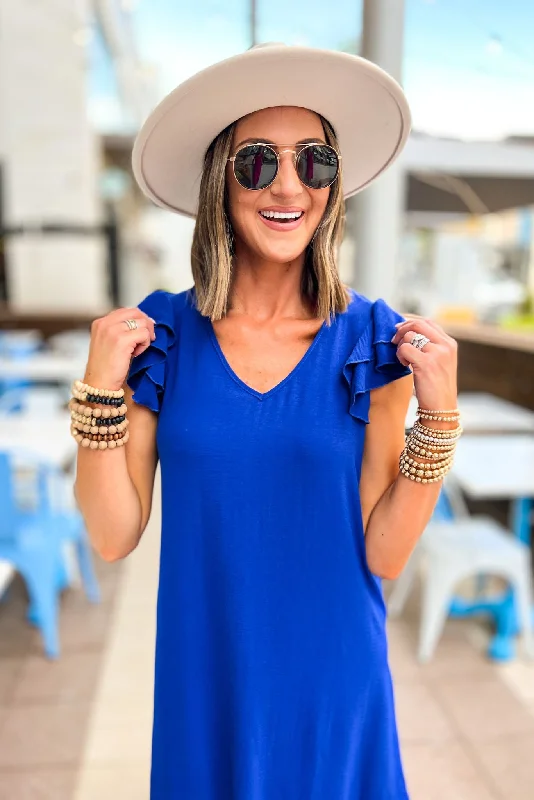 Royal Blue V Neck Ruffle Cap Sleeve Midi Dress