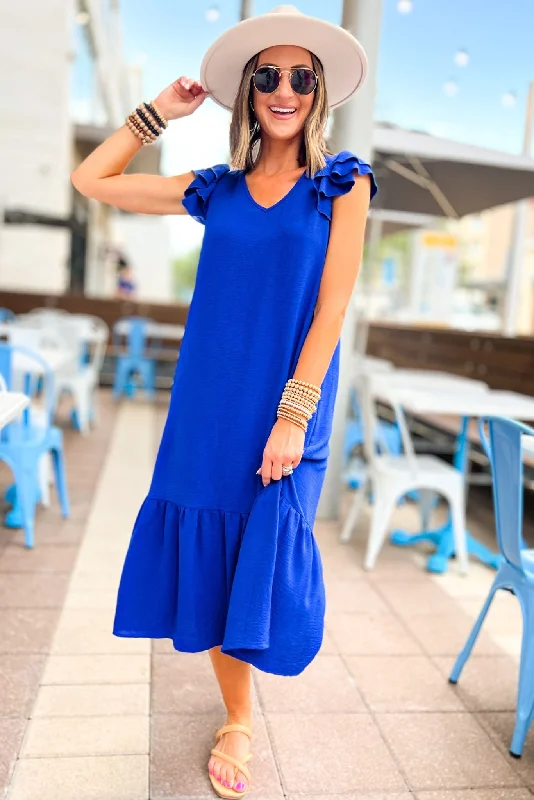 Royal Blue V Neck Ruffle Cap Sleeve Midi Dress