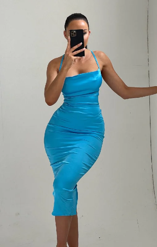 Sky Blue Satin Strappy Tie Detail Bodycon Midi Dress - Zyra