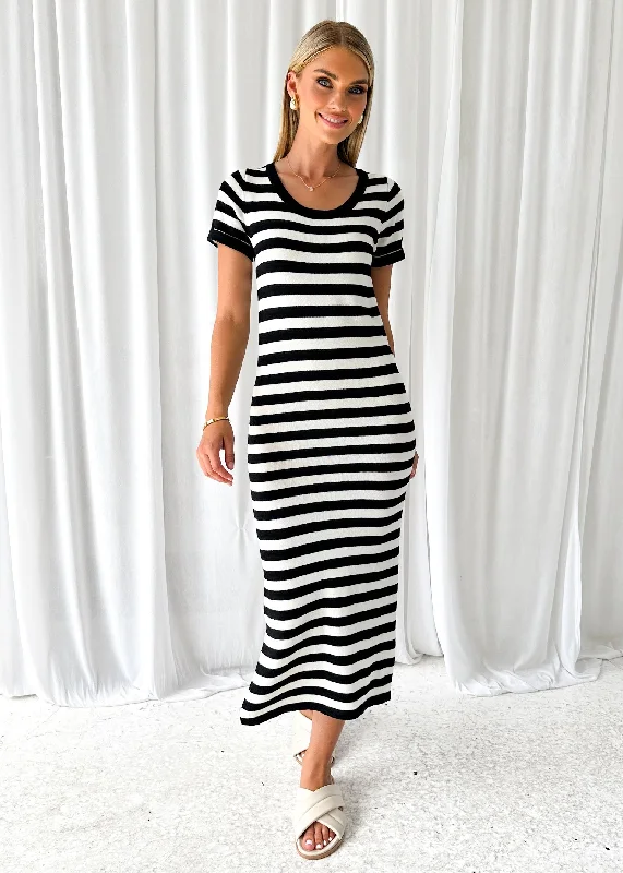 Taleen Knit Midi Dress - Black Stripe