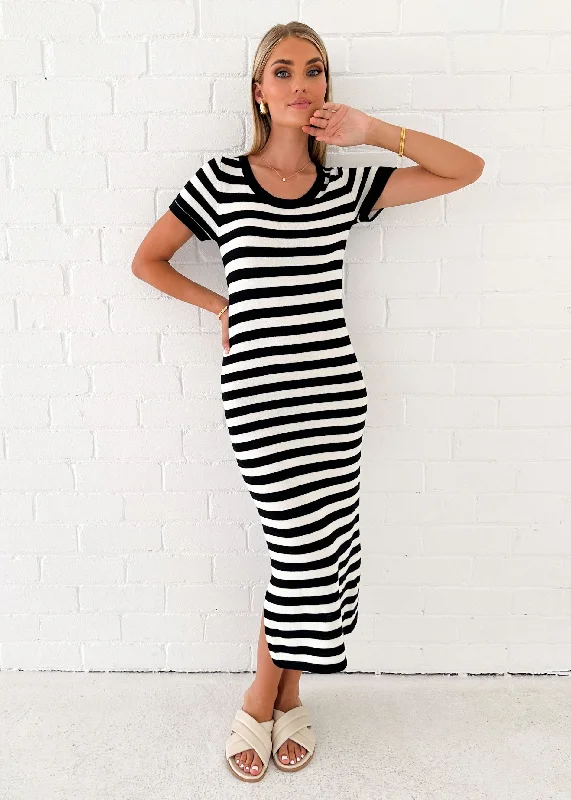 Taleen Knit Midi Dress - Black Stripe