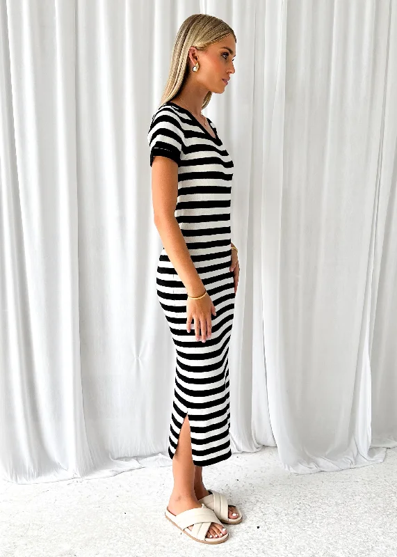 Taleen Knit Midi Dress - Black Stripe