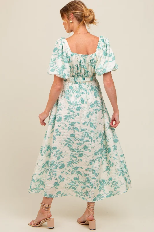 Teal Floral Puff Sleeve Maternity Midi Dress