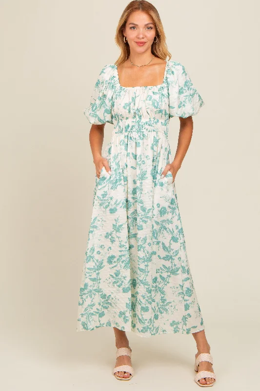 Teal Floral Puff Sleeve Maternity Midi Dress