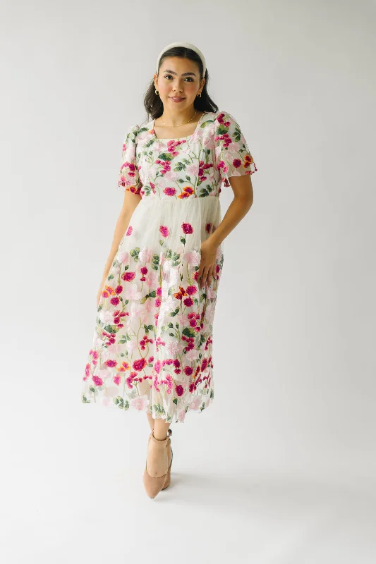 The Wayland Floral Embroidered Dress in Magenta + Pink