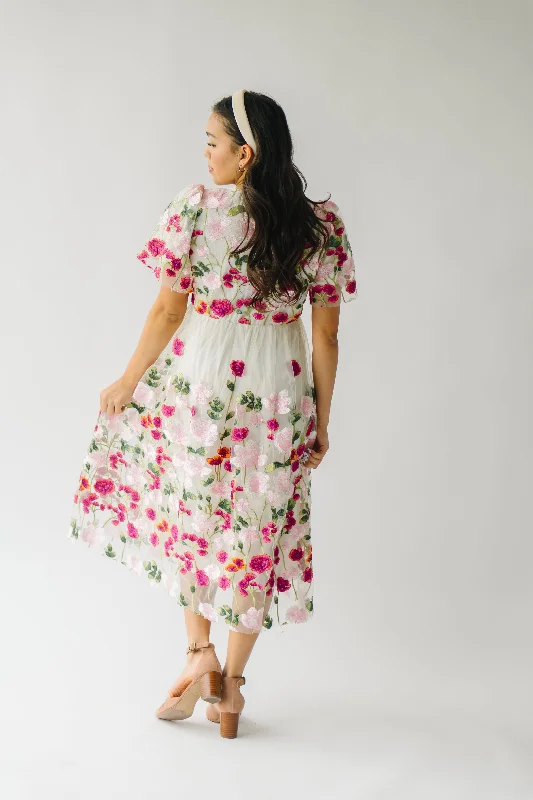 The Wayland Floral Embroidered Dress in Magenta + Pink