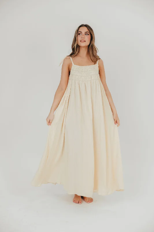 Almeria Smocked Maxi Dress with Self-Tie Straps in Natural - Bump Friendly