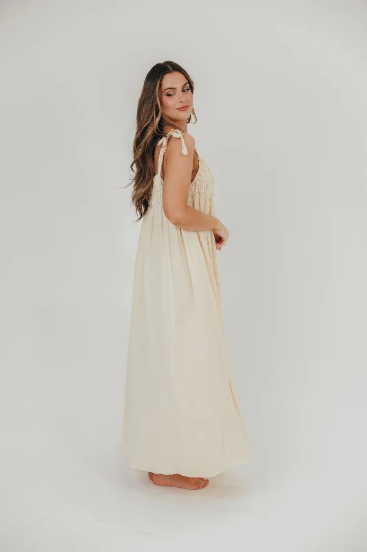 Almeria Smocked Maxi Dress with Self-Tie Straps in Natural - Bump Friendly