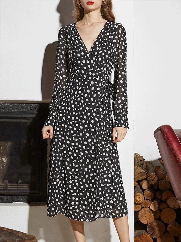 Wrap Midi Dress In Black Polka Dot