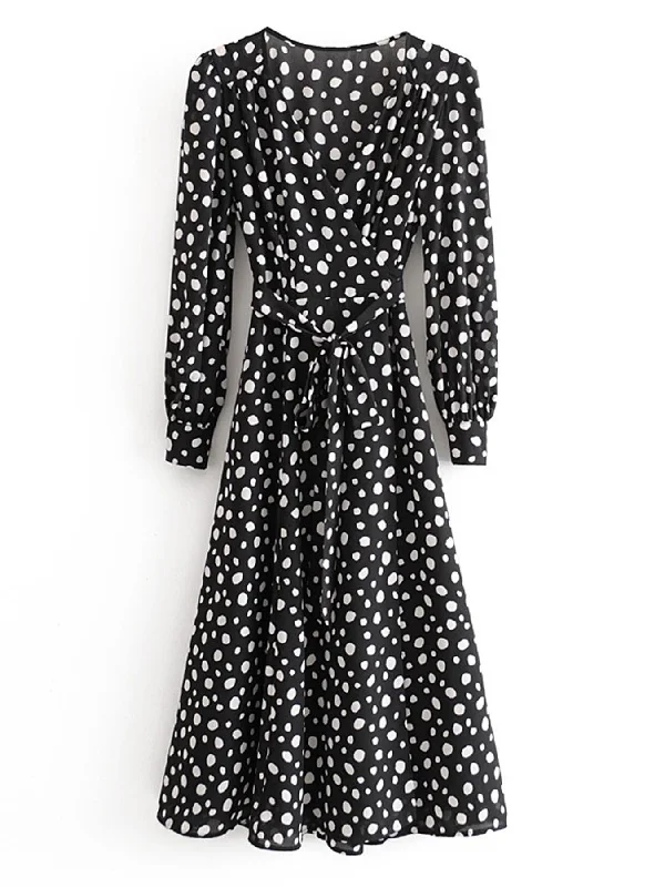 Wrap Midi Dress In Black Polka Dot