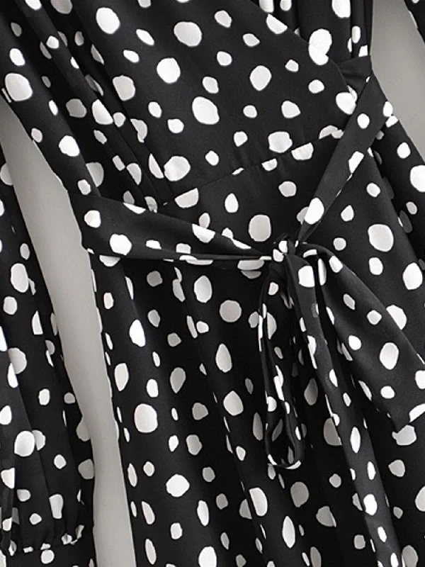 Wrap Midi Dress In Black Polka Dot