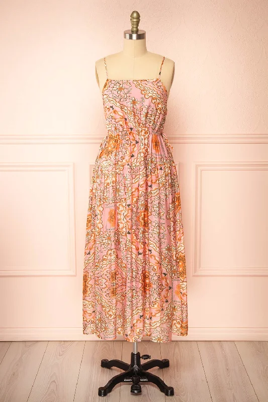 Wydowna | Pink Midi Dress w/ Floral Motif