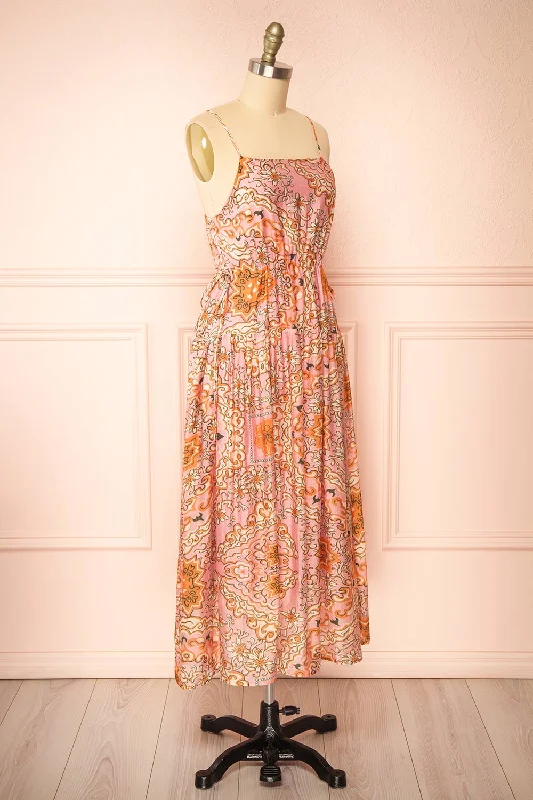 Wydowna | Pink Midi Dress w/ Floral Motif