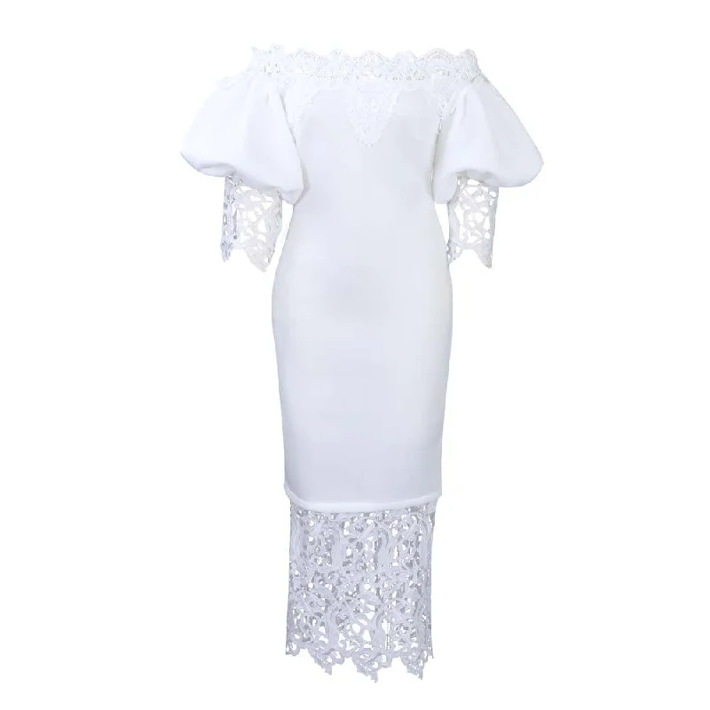 NiDELL D247 Cross-Border New Arrival off-Shoulder Shoulder-Baring Hip Lace Patchwork Puff Sleeve European and American Dress Foreign Trade Dress