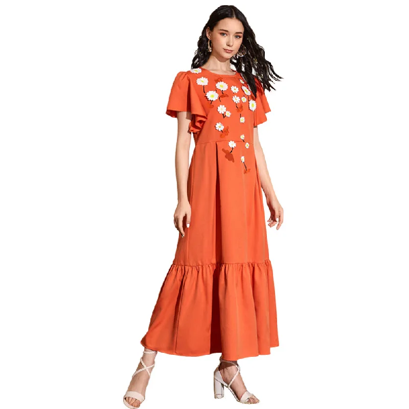 NiDELL Ty-48 European and American Women's Clothing . Summer New round Neck Ruffle Sleeve Short Sleeve Flounced Skirt Long Dress