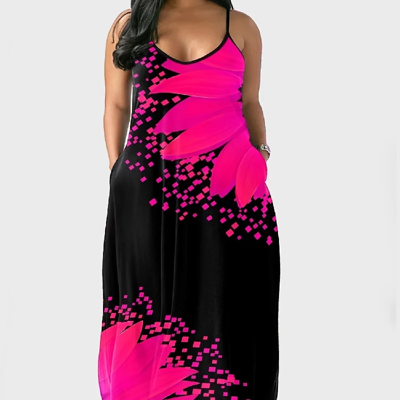 Sixsr Plus Size Casual Dress, Women's Plus Floral Print Cami Maxi Dress With Pockets