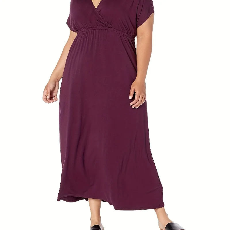 Sixsr Plus Size Casual Dress, Women's Plus Solid Bat Sleeve Surplice Neck Nipped Waist Ruched Medium Stretch Maxi Dress