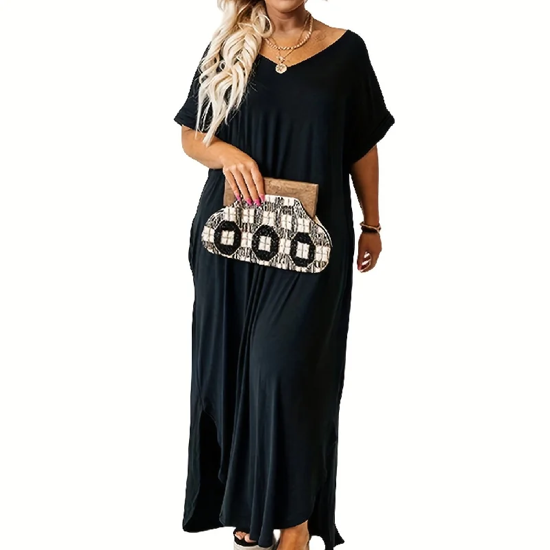 Sixsr Plus Size Casual Dress, Women's Plus Solid Short Sleeve V Neck Loose Maxi Dress