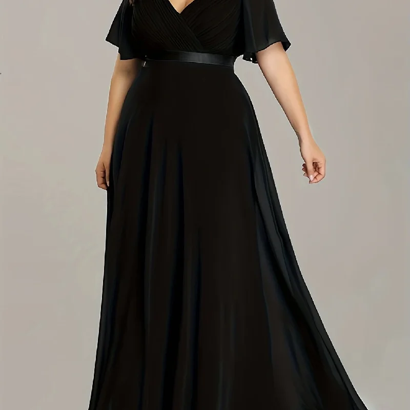 Sixsr Plus Size Elegant Bridesmaid Dress, Women's Plus Solid Ruffle Sleeve Surplice Neck Maxi Formal Evening Dress