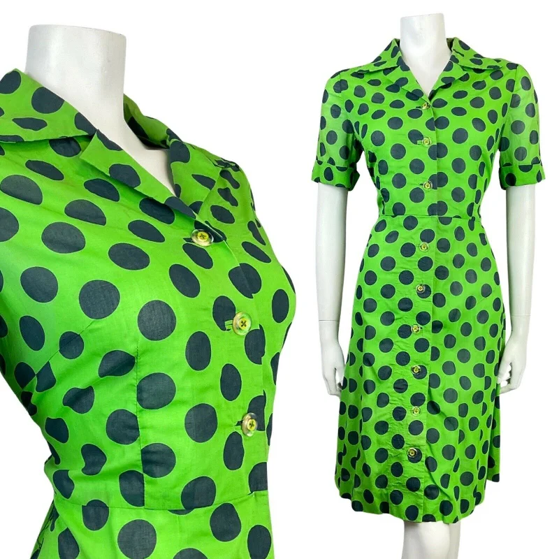 VINTAGE 60s 70s APPLE GREEN BLUE POLKA-DOT MOD DAGGER SHIRT DRESS 12 14