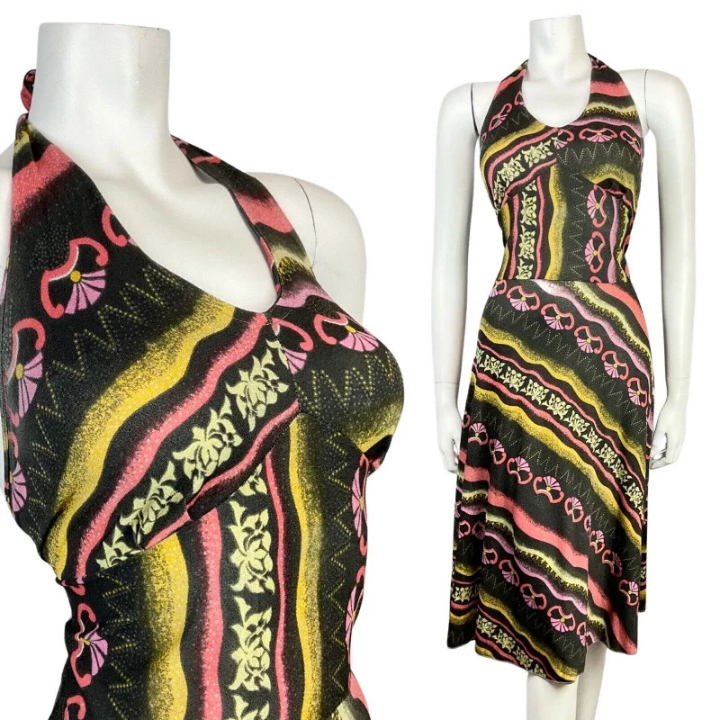 VINTAGE 60s 70s BLACK PINK YELLOW STRIPED FLORAL HALTER DRESS 8 10